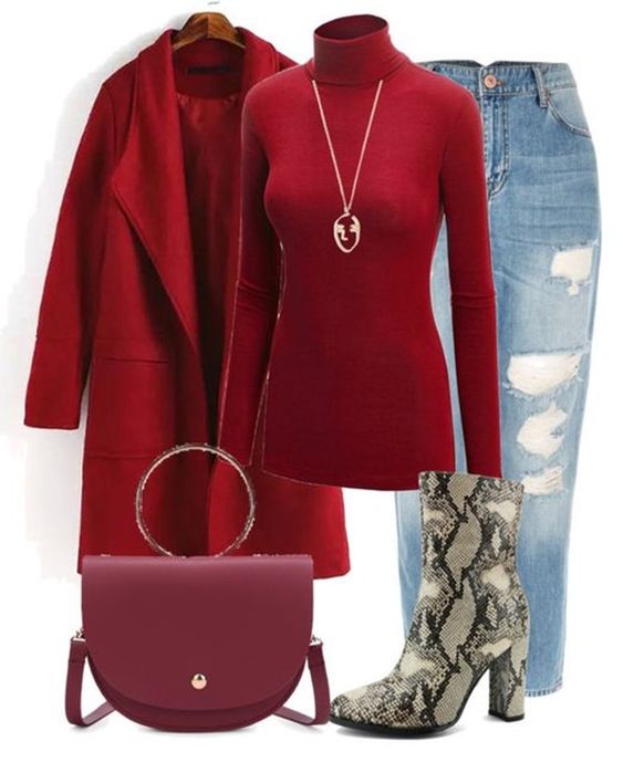 4 Outfits with Red Turtleneck Sweaters