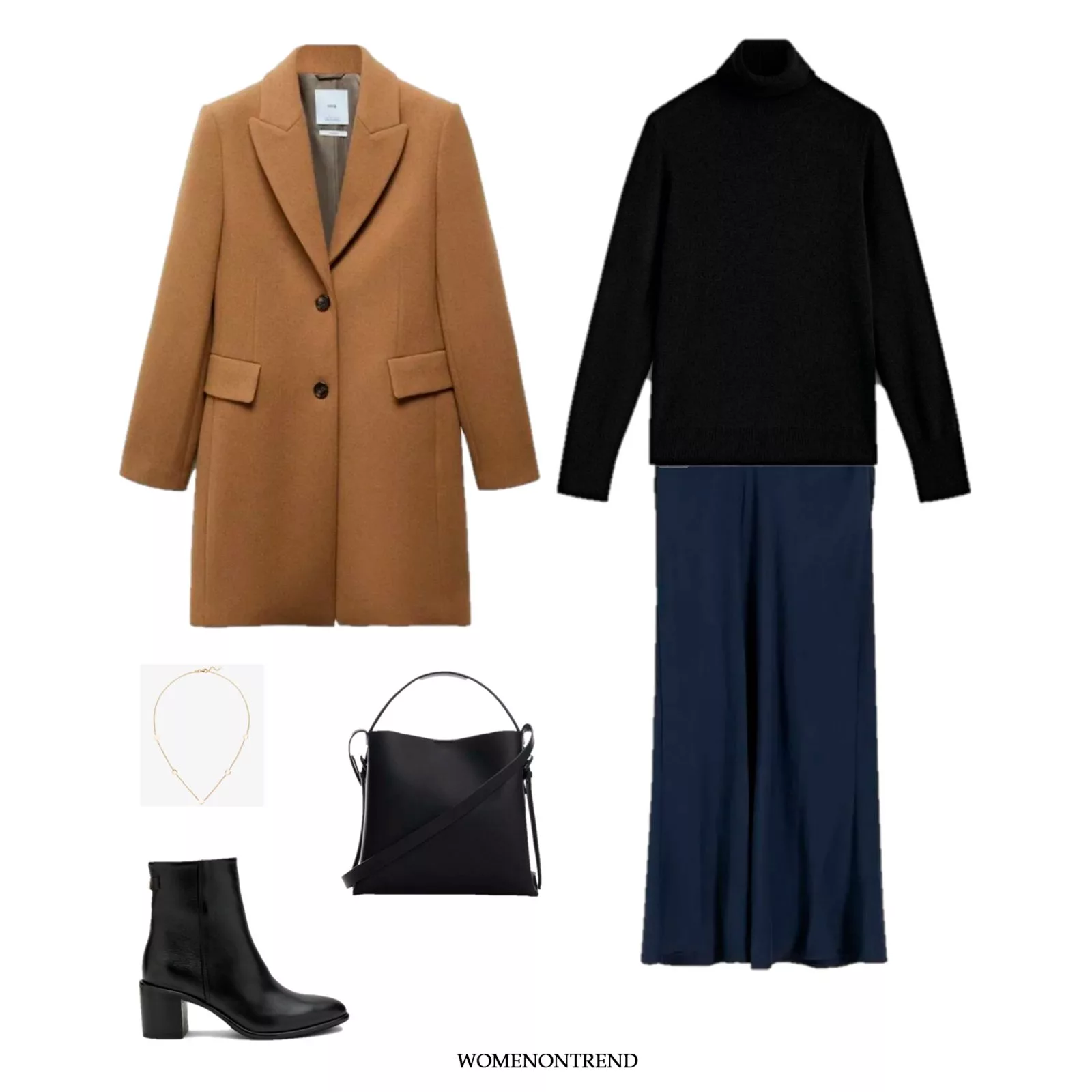 Look 20: Elegancia en Contraste con Negro, Azul y Camel